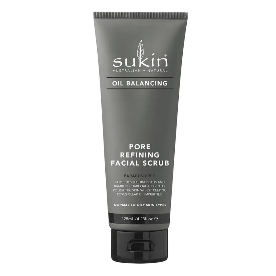 Sukin 油肌平衡系列毛孔净化脸部磨砂膏，灰色管状包装，正面印有 OIL BALANCING PORE REFINING FACIAL SCRUB 字样。