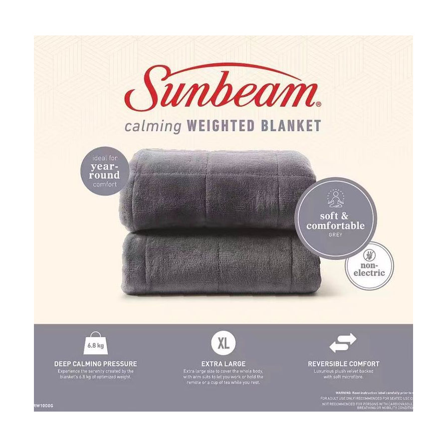 Sunbeam 加重毯功能介绍图，展示 6.8kg 科学配重、XL 加大尺寸及双面材质等核心卖点。