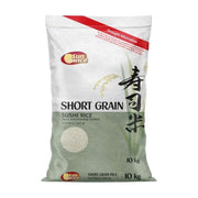 SunRice 澳大利亚短粒寿司米 10kg 包装正面图，白色袋装，印有“寿司米”书法汉字及 Short Grain Sushi Rice 字样。
