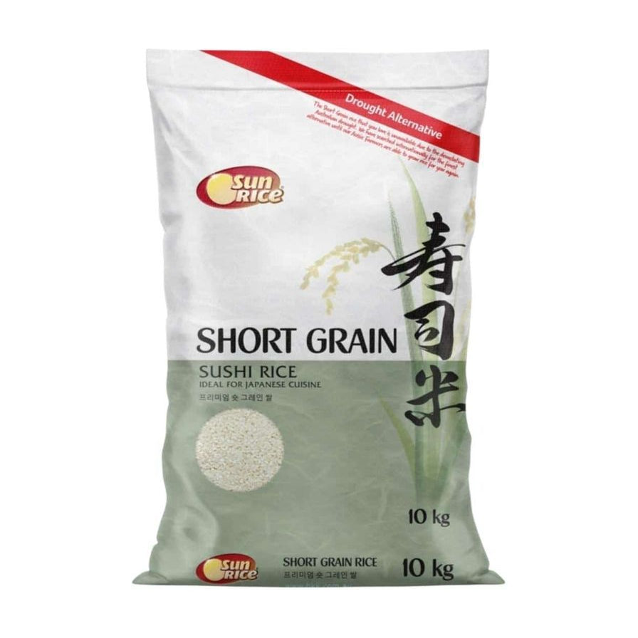 SunRice 澳大利亚短粒寿司米 10kg 包装正面图，白色袋装，印有“寿司米”书法汉字及 Short Grain Sushi Rice 字样。