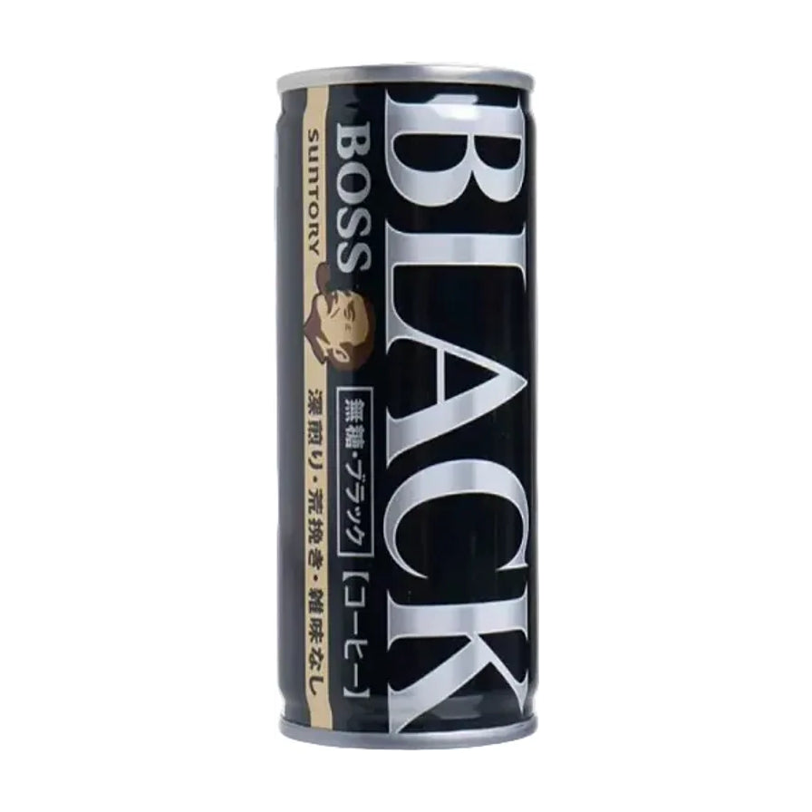 三得利BOSS黑咖啡185克罐装正面，黑色罐身印有醒目的银色BLACK字样和BOSS经典烟斗男头像，标注无糖及深焙工艺。
