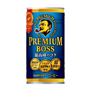 三得利 BOSS Premium 黑咖啡 185g 罐装正面图，深蓝色罐身印有经典的烟斗男士头像及金色 PREMIUM BOSS 字样，底部标有日文深焙说明。