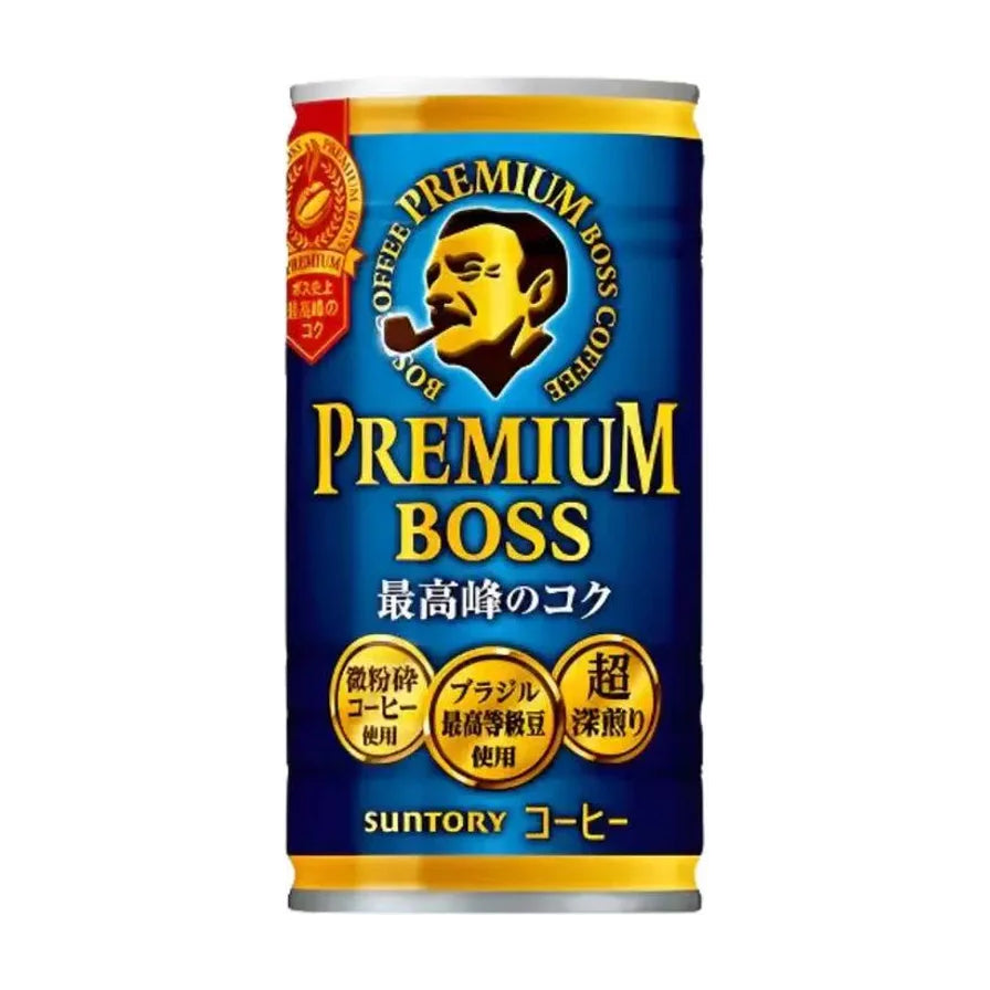 三得利 BOSS Premium 黑咖啡 185g 罐装正面图，深蓝色罐身印有经典的烟斗男士头像及金色 PREMIUM BOSS 字样，底部标有日文深焙说明。
