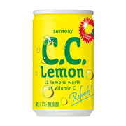 三得利 CC 柠檬 160ml 罐装正面图，黄色罐身印有绿色 C.C. Lemon 标志，标注富含 12 颗柠檬的维生素 C 能量。