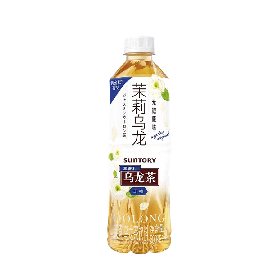 三得利无糖茉莉乌龙茶500毫升瓶装，白色包装印有茉莉花图案。