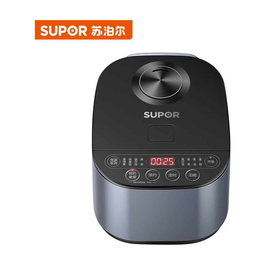 苏泊尔3L圆厚釜智能电饭煲正面视角，展示全玻璃触控面板和深灰色金属质感机身。