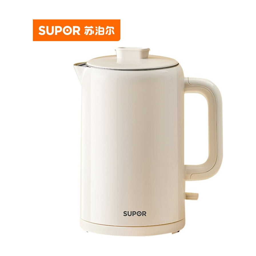 苏泊尔米黄色电水壶，极简设计，侧面展示，左上角带有SUPOR品牌标识。