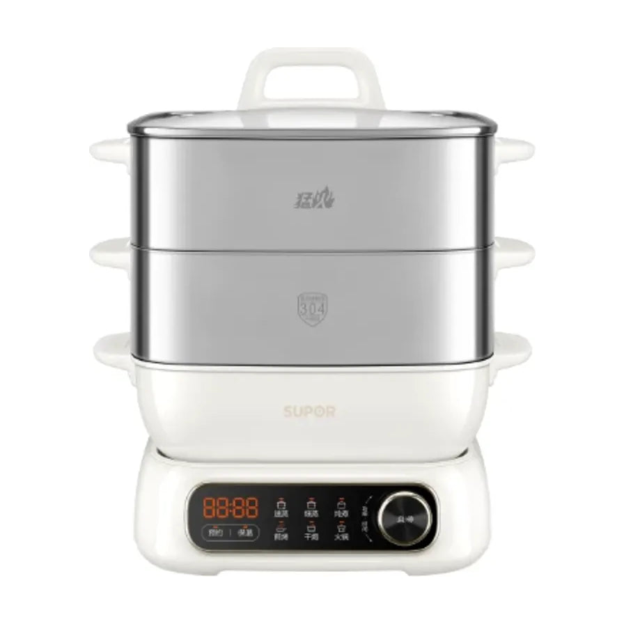 苏泊尔白色三层电蒸锅正面视图，展示不锈钢蒸笼、白色底座及带数字显示屏和旋钮的控制面板。