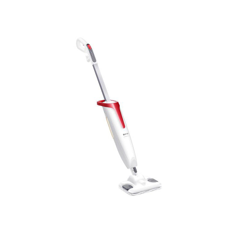 蒸汽拖把细节特写，展示高温蒸汽喷头与可拆卸拖布结构。