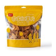 脆状元农家红薯片 350g 正面包装图，黄色袋身印有品牌 Logo、产品名称及卡通红薯图案，透明视窗展示内部红薯片实物。