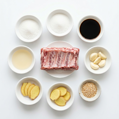 制作糖醋小排的原材料展示，包含新鲜猪肋排、冰糖、香醋和香料等食材。