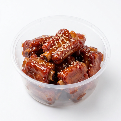一盒加热即食的糖醋小排，酱汁浓郁包裹着软嫩脱骨的金沙骨，盛放在白色餐盒中。