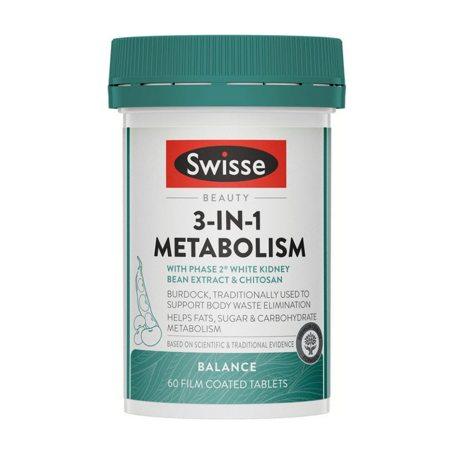 Swisse 3合1代谢热控糖油丸白色瓶装正面图，瓶身印有 3 - IN - 1 METABOLISM 字样，含有白芸豆提取物和壳聚糖成分，规格为60片。