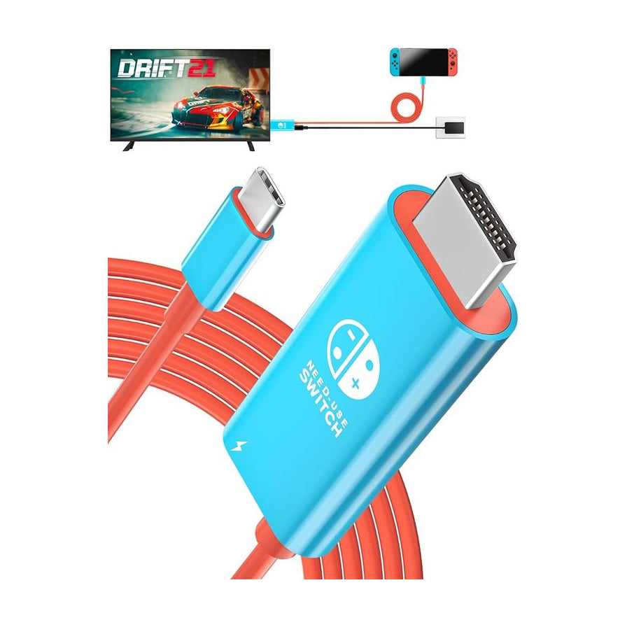 Switch 视频转换线连接示意图，展示从 Switch 主机通过转换线连接至电视大屏的场景。
