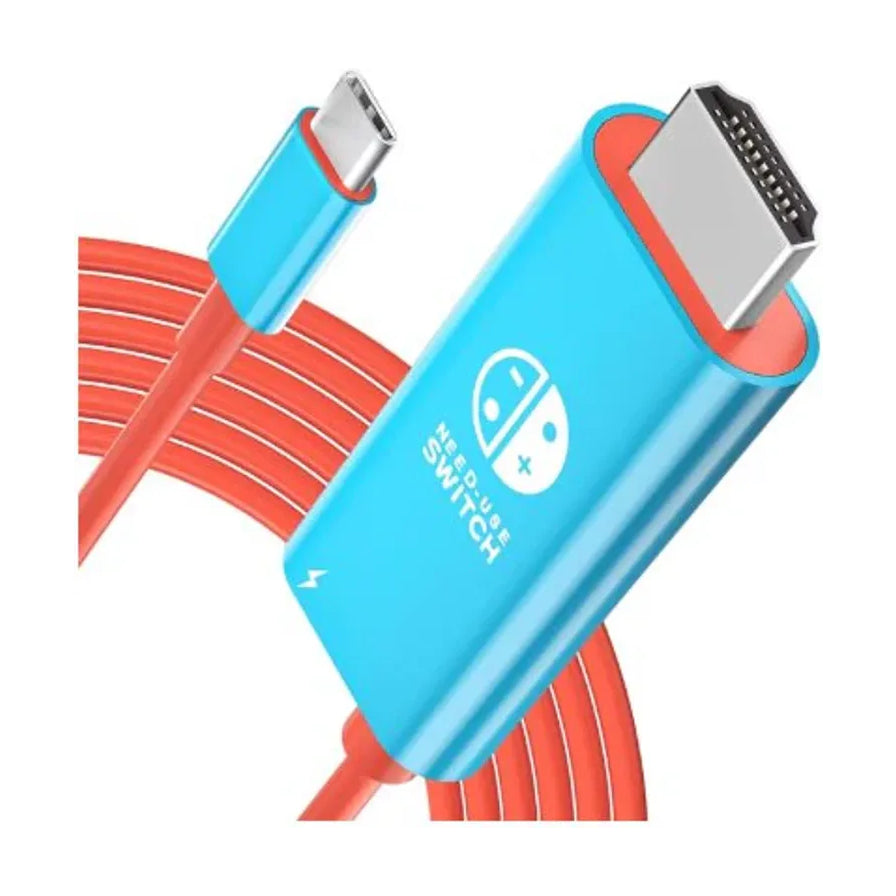 Switch 专用蓝红配色 Type - C 转 HDMI 视频转换线，展示 HDMI 接口与 Type - C 插头细节。