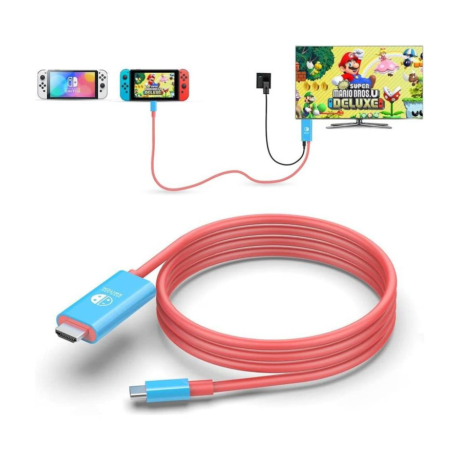 蓝红配色 Switch 视频转换线全貌，包含长线缆、HDMI 转换头与 Type - C 接口。