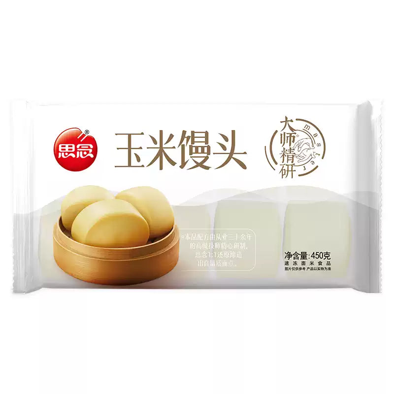 思念玉米馒头产品图，展示独立包装的黄色圆形速食馒头