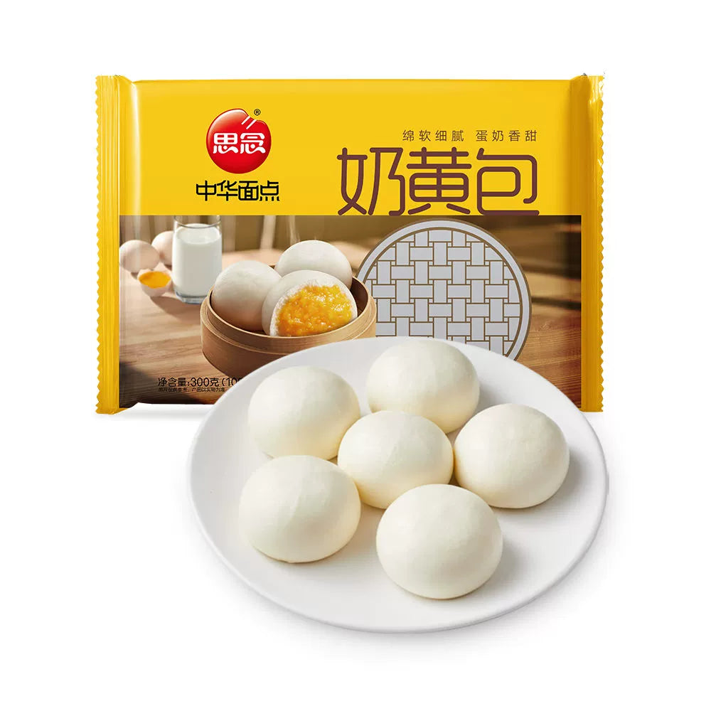 思念奶黄包 300g 单袋包装，金黄色流心馅料特写