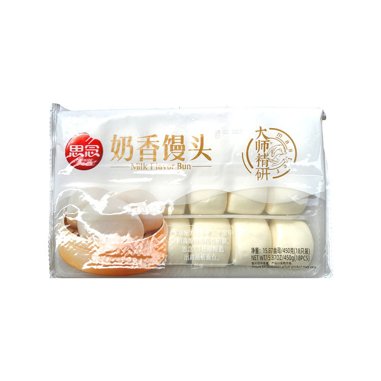 思念奶香馒头产品图，展示独立包装的白色圆形速食馒头
