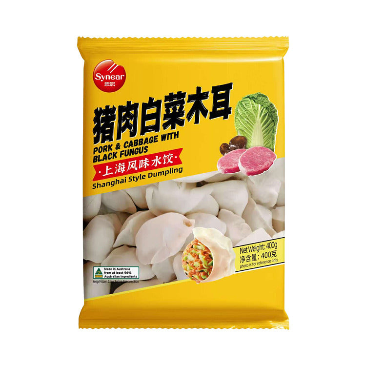 思念猪肉白菜木耳风味水饺包装正面图，展示经典家常馅料组合