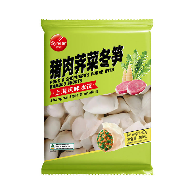 思念猪肉荠菜冬笋风味水饺包装正面图，展示春季时令野菜馅料