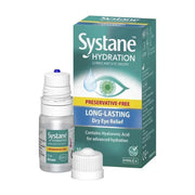 Systane Hydration 滴眼液盒装与瓶身正面摆拍，旁边有瓶盖，包装上可见保守剂无添加、长效缓解干眼等英文文字