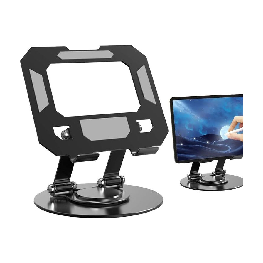 黑色可调节平板支架正面展示，右侧小图演示支架支撑平板电脑及触控笔使用的场景。