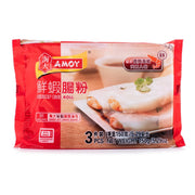 淘大鲜虾肠粉冷冻包装正面图，含三条肠粉及豉油包