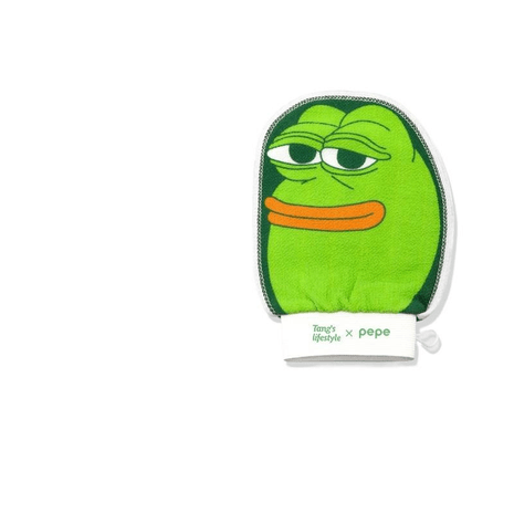 Tang's Lifestyle x Pepe 联名绿色悲伤蛙搓澡巾，白色背景下的正面商品展示图。