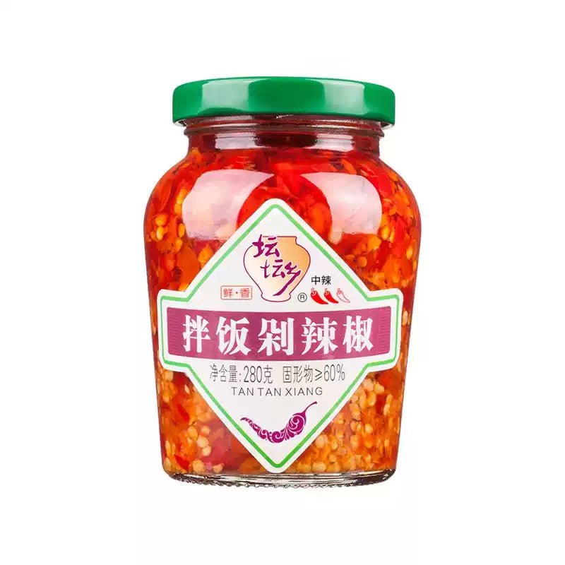 坛坛乡拌饭剁辣椒 280g 瓶装正面图，展示红亮剁椒质地与标签细节