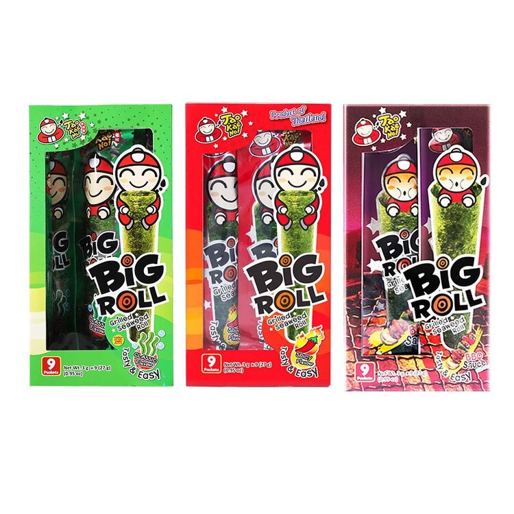 三盒混合装泰国小老板海苔卷包装，包含辣味与原味多种口味组合