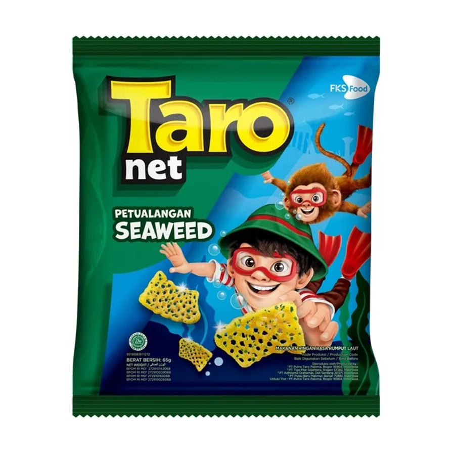 Taro Net 海苔味薯片 62g 包装正面图，展示绿色包装袋、品牌 Logo、潜水员卡通形象及网格状薯片。