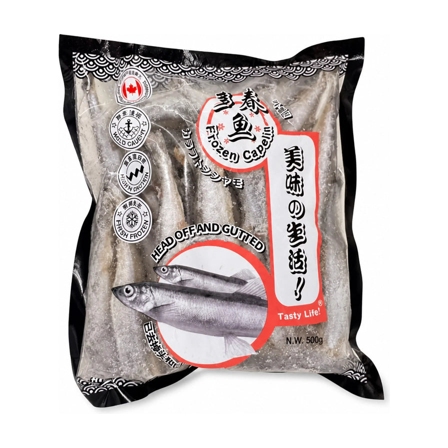 Tasty Life 多春鱼 500g 包装图，显示已去头去内脏处理，透明袋装可见内部冷冻多春鱼，包装上有“美味の生活”和“Head Off and Gutted”字样。