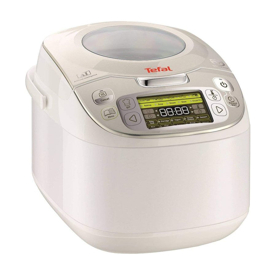 Tefal 特福 4合1多功能电饭煲，白色简约机身，配备智能操作面板和顶部透明视窗。