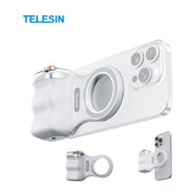 TELESIN泰迅白色手机磁吸摄影手柄，展示其吸附在手机背部的多角度视图，包含人体工学握持设计和顶部橙色快门按键。