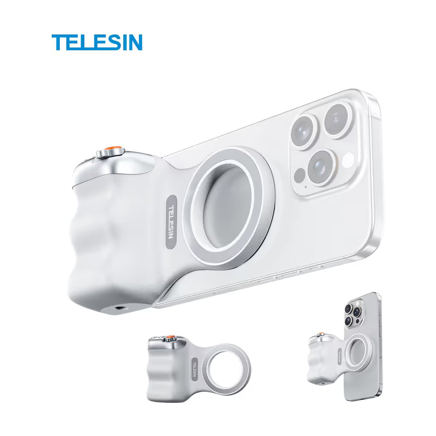 TELESIN泰迅白色手机磁吸摄影手柄，展示其吸附在手机背部的多角度视图，包含人体工学握持设计和顶部橙色快门按键。