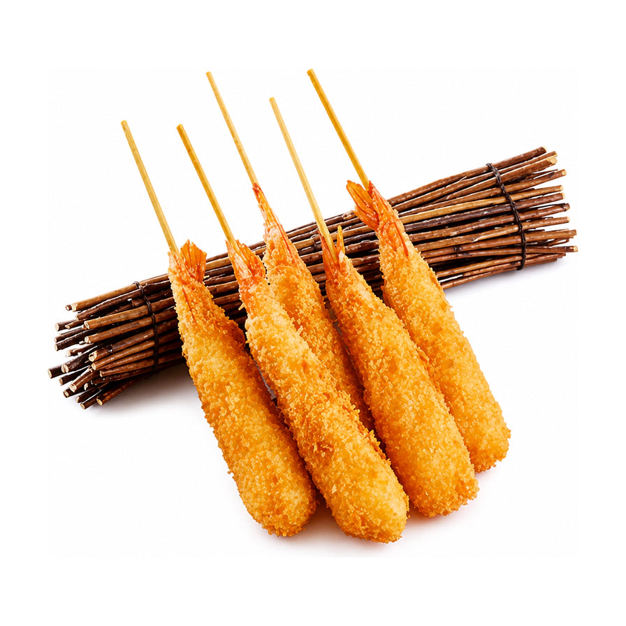 五串金黄酥脆的天妇罗炸虾炸串，整齐排列在深色细木枝装饰背景前，展现外层轻薄的挂糊工艺和紧实虾肉。