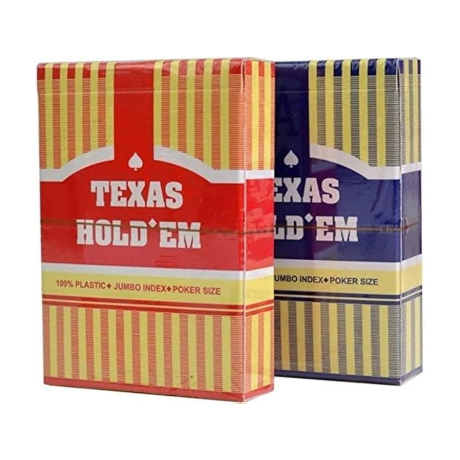 两副德州扑克扑克牌盒装并排展示，红色和蓝色包装，正面可见 TEXAS HOLD’EM 和 100% PLASTIC、JUMBO INDEX、POKER SIZE 字样