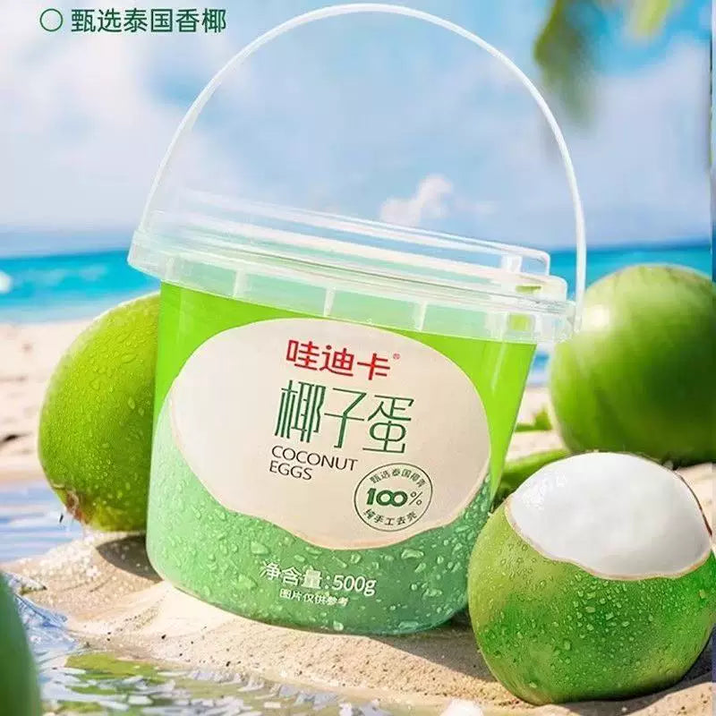 哇迪卡椰子蛋细节图，展示 Q 弹果冻状椰肉质地和桶内保鲜状态