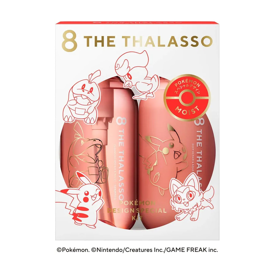 THE THALASSO 宝可梦联名洗护套装保湿修复橘色款包装，印有皮卡丘等角色图案。