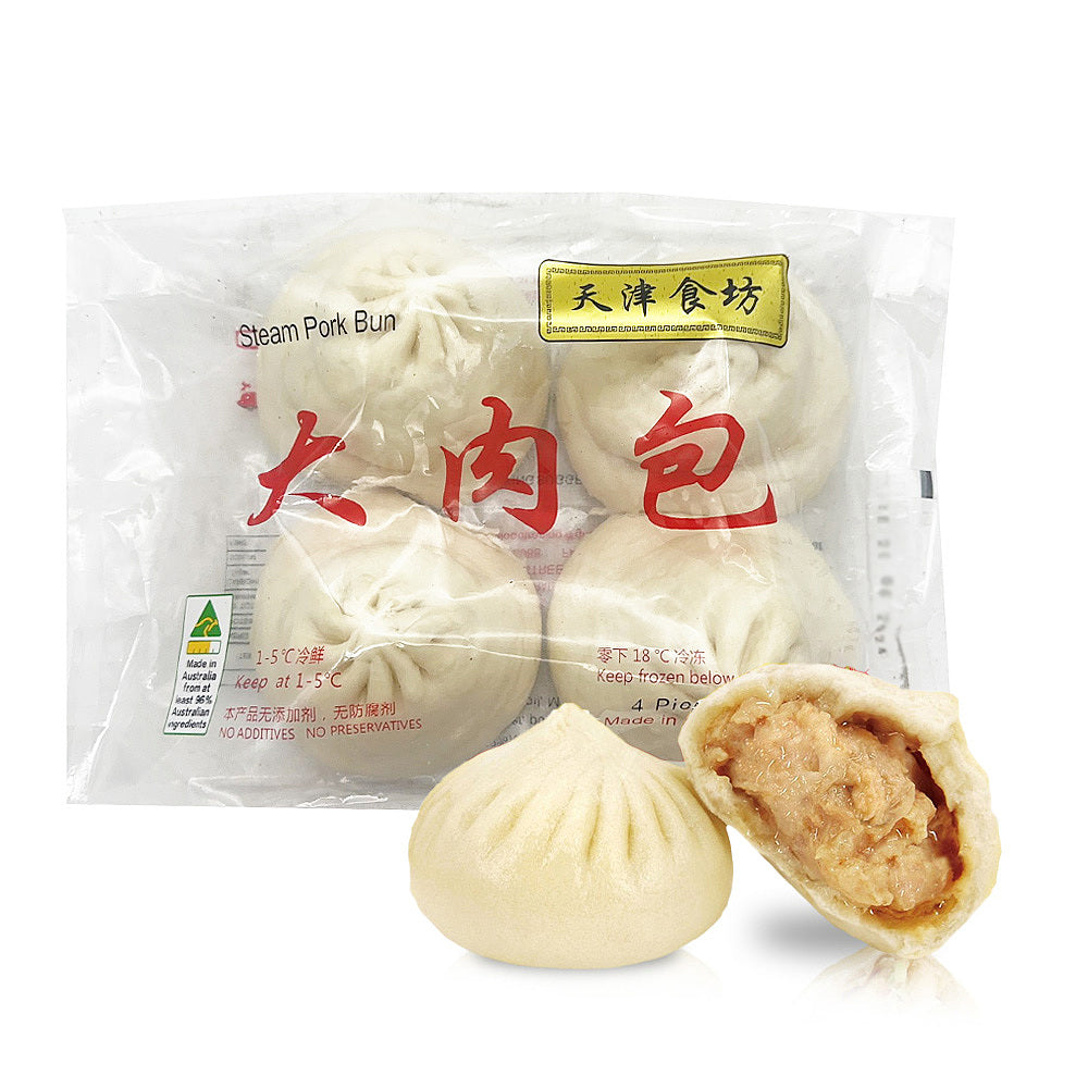 天津食坊大肉包包装正面图，显示 4 个装 638g 规格及微波即食标识