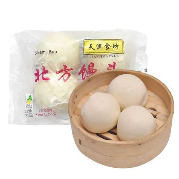 天津食坊北方馒头 4 入装正面包装图，白色袋身印有品牌与产品名称