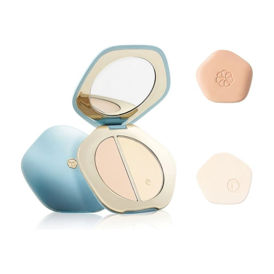 彩棠双拼高光盘白底主图，展示蓝色外壳、打开的双色粉饼及两个独立替换芯。