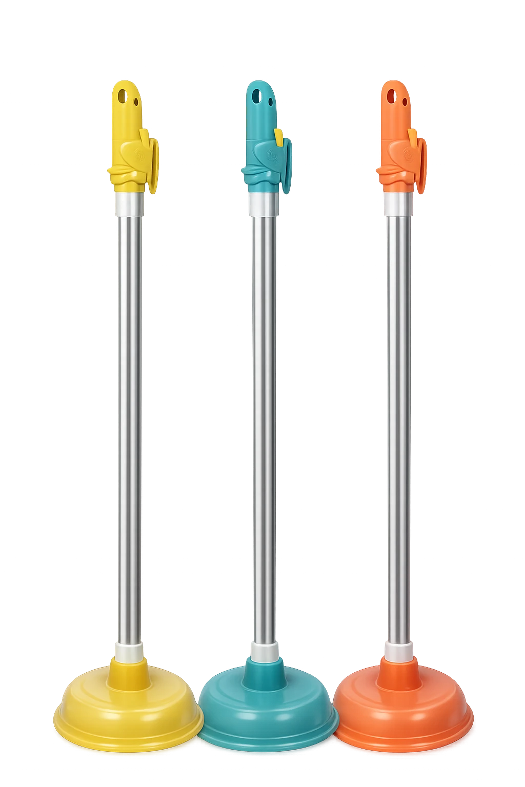 多色可选的马桶皮搋子，配备环保橡胶吸盘和防滑手柄，用于疏通浴室或厨房堵塞。