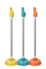 多色可选的马桶皮搋子，配备环保橡胶吸盘和防滑手柄，用于疏通浴室或厨房堵塞。