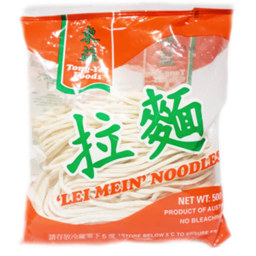 东益拉面500克透明包装袋正面，印有绿色拉面字样和红色品牌标识，显示为澳大利亚产品。