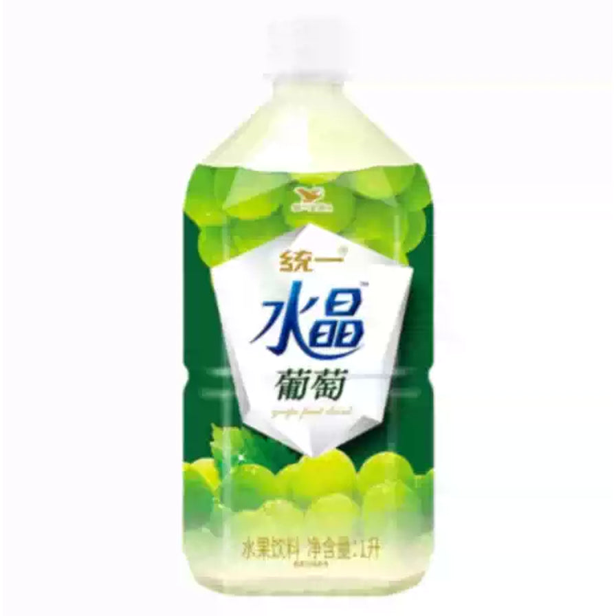 统一水晶葡萄水果饮料1L大瓶装，包装印有晶莹剔透的青葡萄图案。