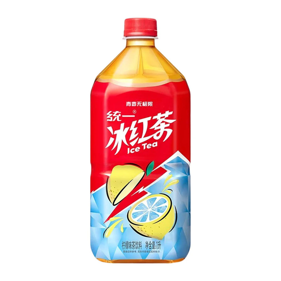 统一冰红茶柠檬味1L大瓶装，经典红色包装配以柠檬切片图案。