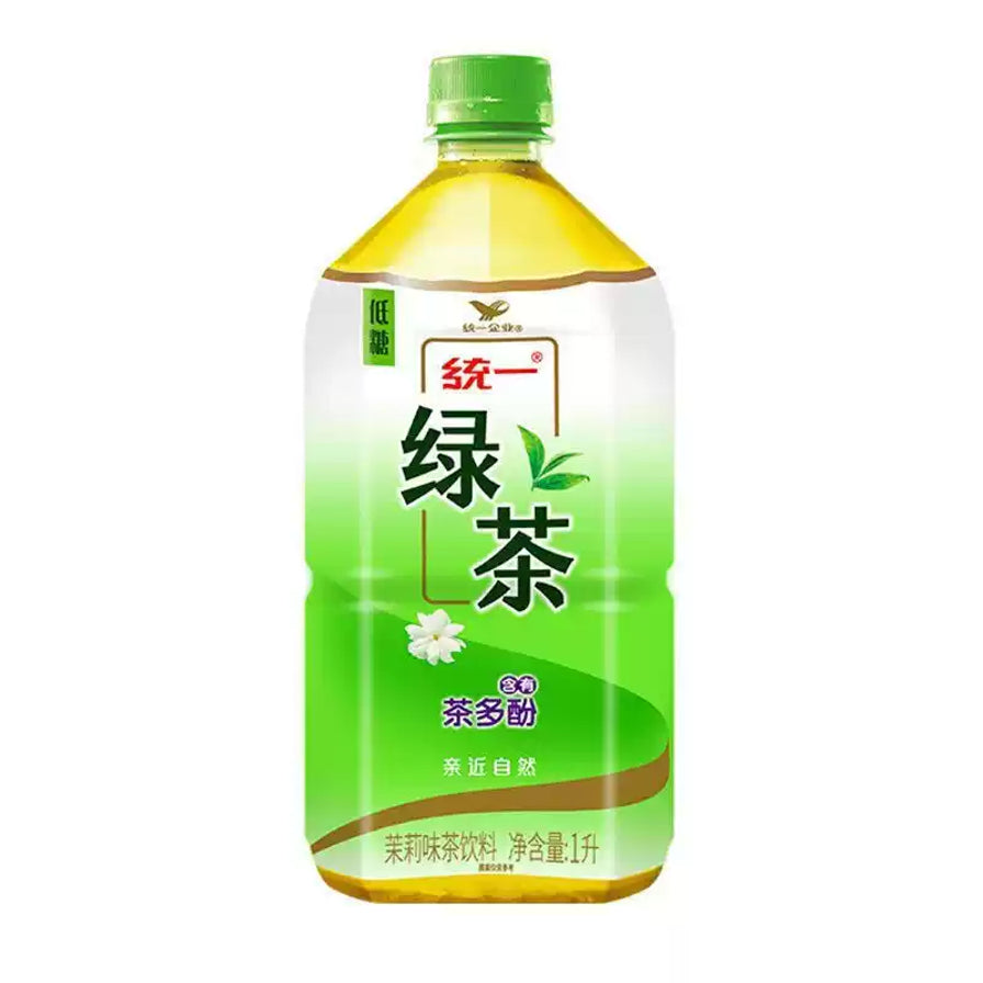 统一茉莉味绿茶1L大瓶装，白色与绿色相间的包装印有茉莉花图案。