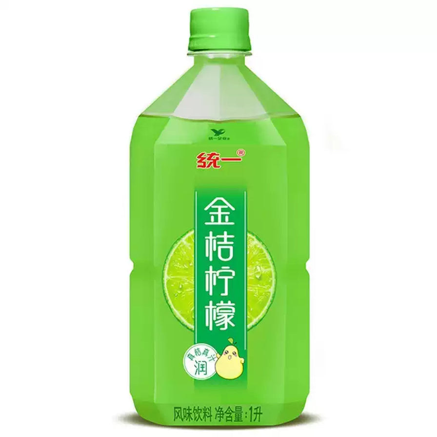 统一金桔柠檬风味饮料1L大瓶装，绿色瓶身印有金桔柠檬切片图案。